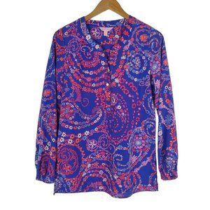Lilly Pulitzer Elsa Silk Blouse Sz S Floral Blue Pink Secret Snail Long Sleeve
